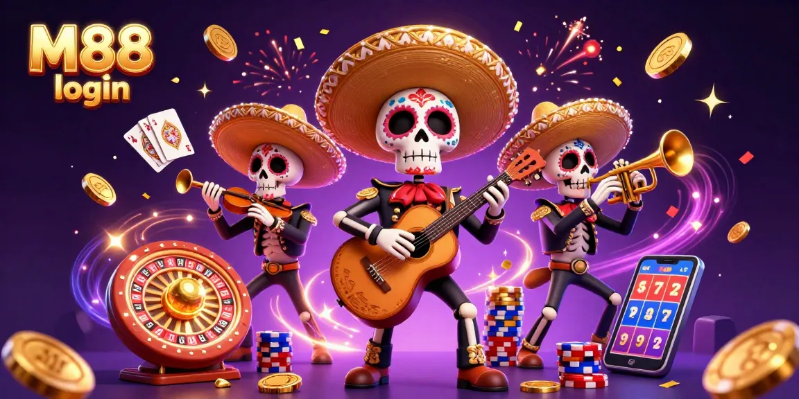 Engage in exciting M88 login casino games with vibrant mariachi characters celebrating with golden coins.