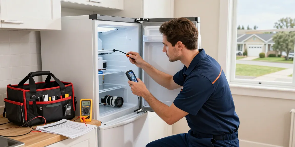 Freezer repair technician checking frost buildup during diagnostic visit in a modern kitchen.