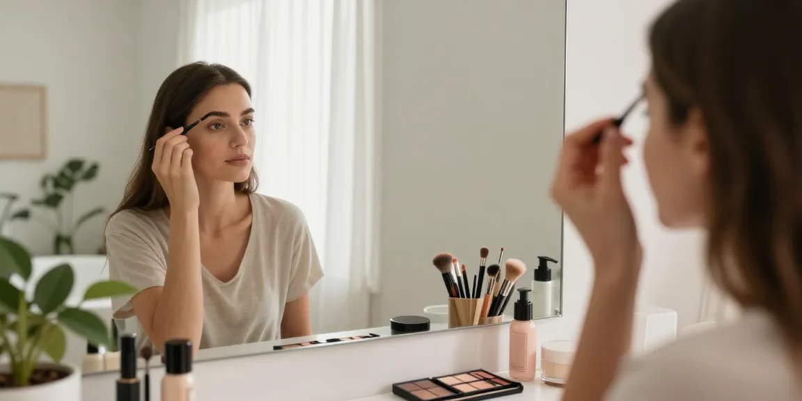 Woman applying eyebrow pencil light brown in a sunlit bathroom, showcasing a natural beauty routine.