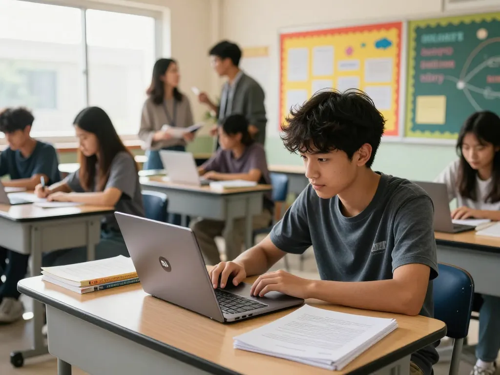 People Are Using AI for School Work in a vibrant classroom, student focused on AI essay drafting.