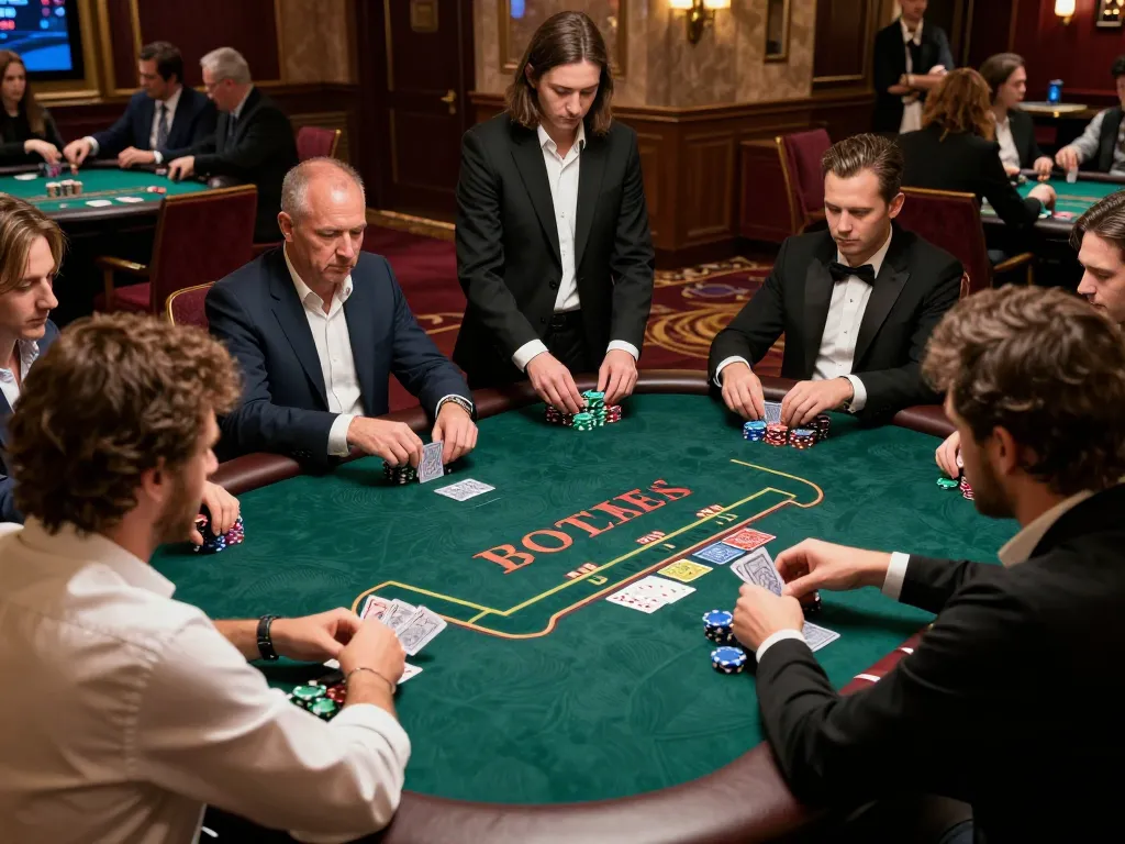 O8 players engaged in a strategic poker game with chips and cards on a luxurious casino floor.