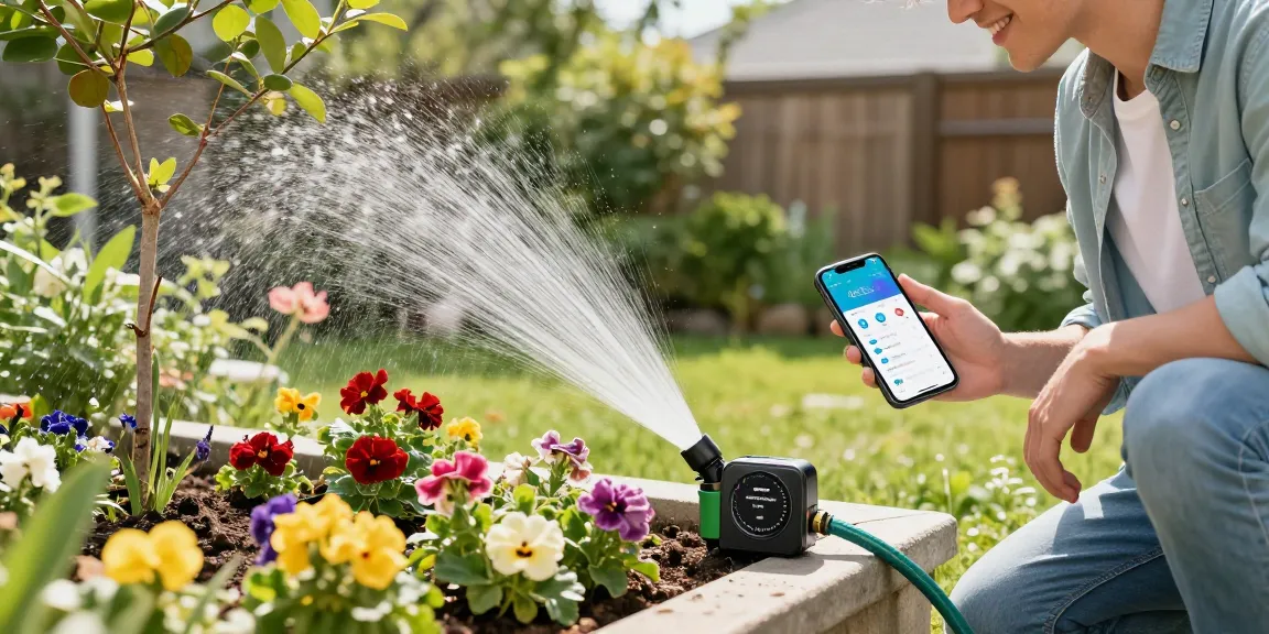 Homeowner using the rainpoint wifi water timer in a vibrant garden setting, showcasing smart watering.