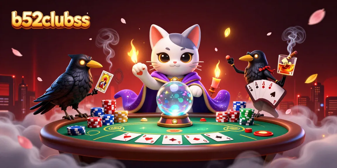 Bets flourish at b52clubss in vibrant casino scene with mystic characters and poker elements.