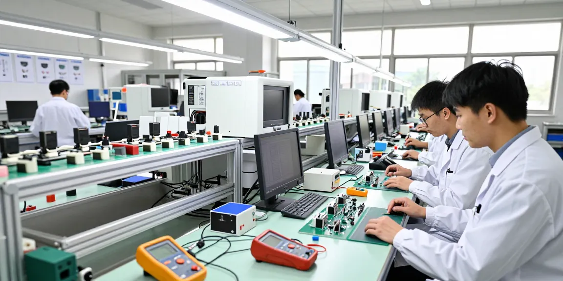 Engineers examining capacitive switch prototypes in modern manufacturing facility