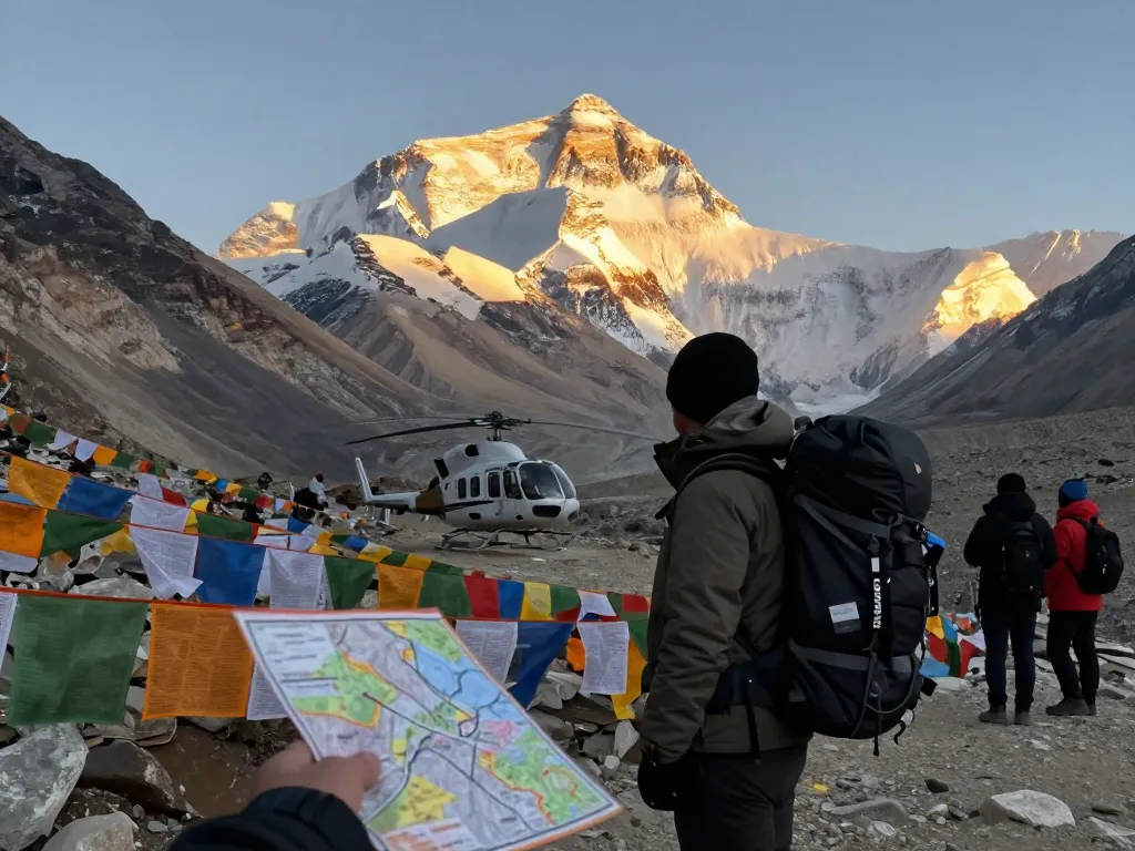Everest Base Camp Trek with Helicopter Return adventure scene featuring traveler at sunrise.