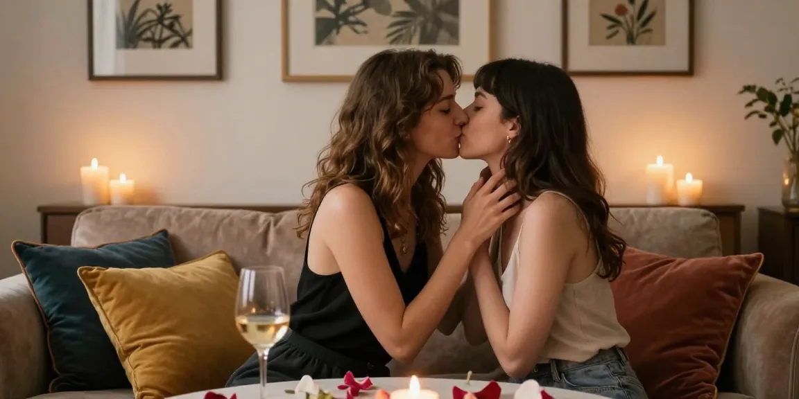Passionate kiss between two women in a romantic setting, highlighting themes of love and lesbian porn.