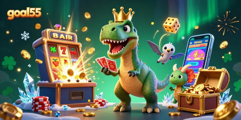 Menyaksikan goal55 di mana T-Rex bermain kartu dengan membantu pterodactyl dan triceratops yang menumpuk chip emas.