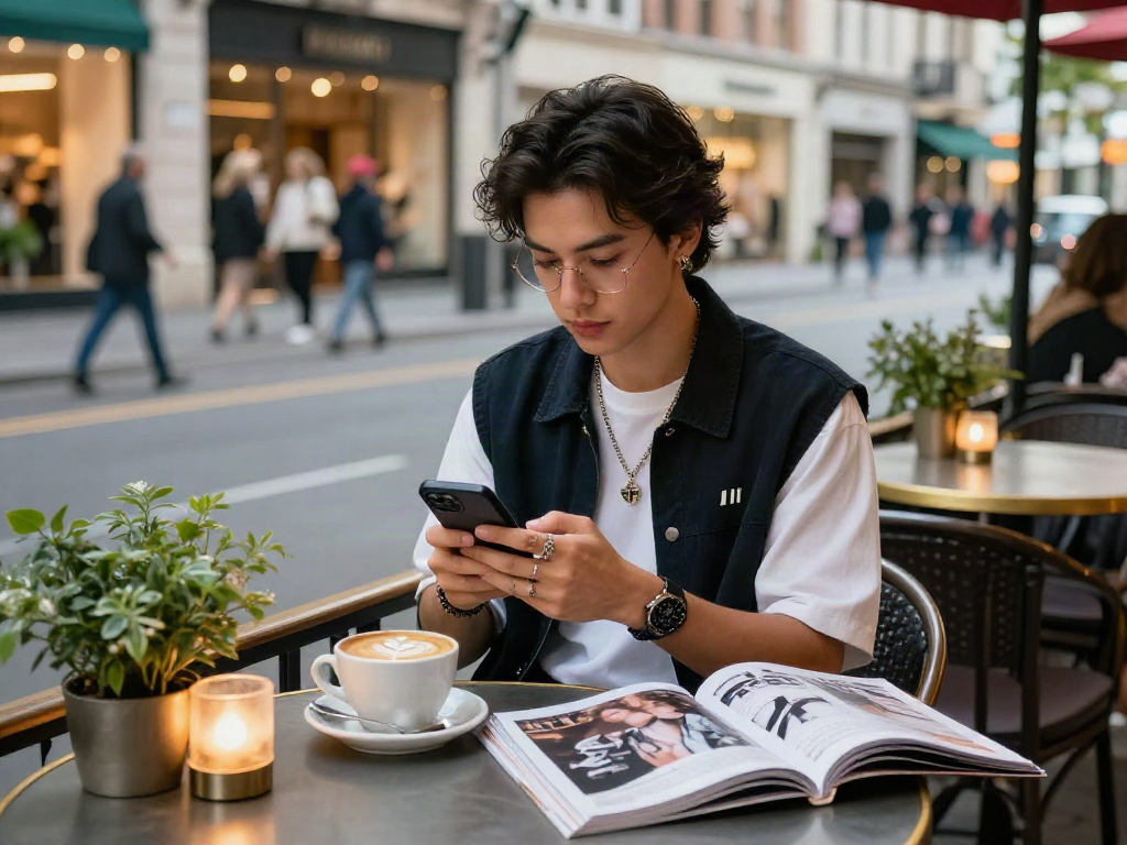 Gaya hidup modern dengan aksesori luxury111 di kafe urban yang trendi.