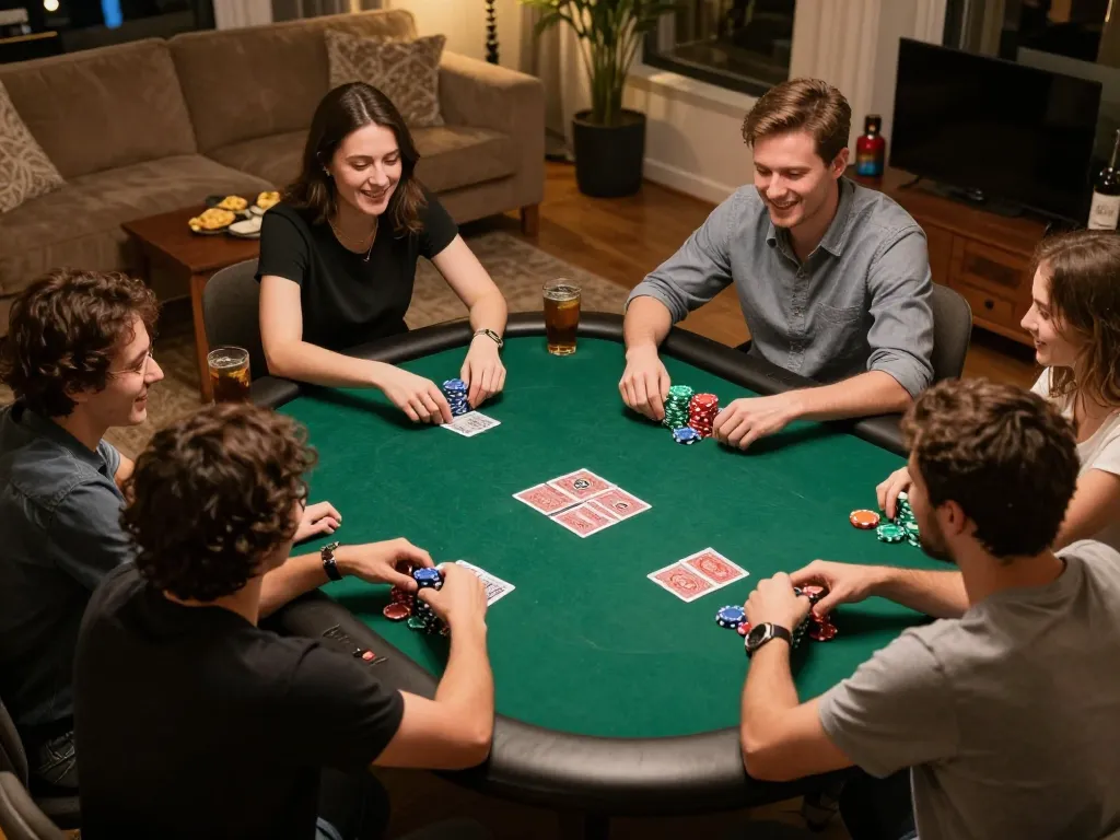 Players enjoying poker night at home, showcasing a lively game scene highlighting 98win com1.