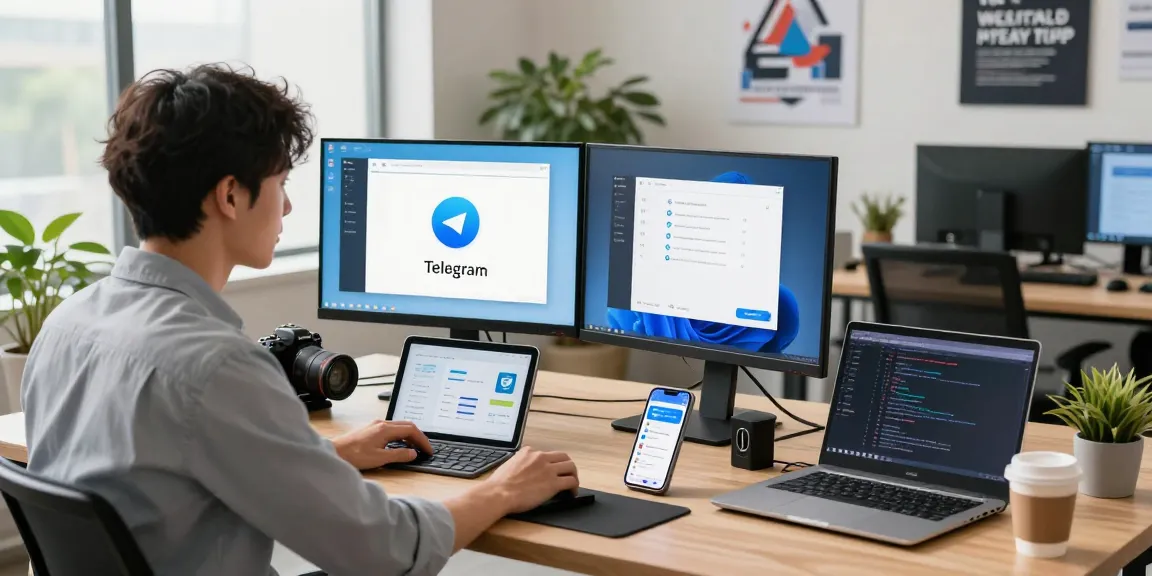 Accessing telegram china help center in a modern tech workspace with professionals and gadgets.