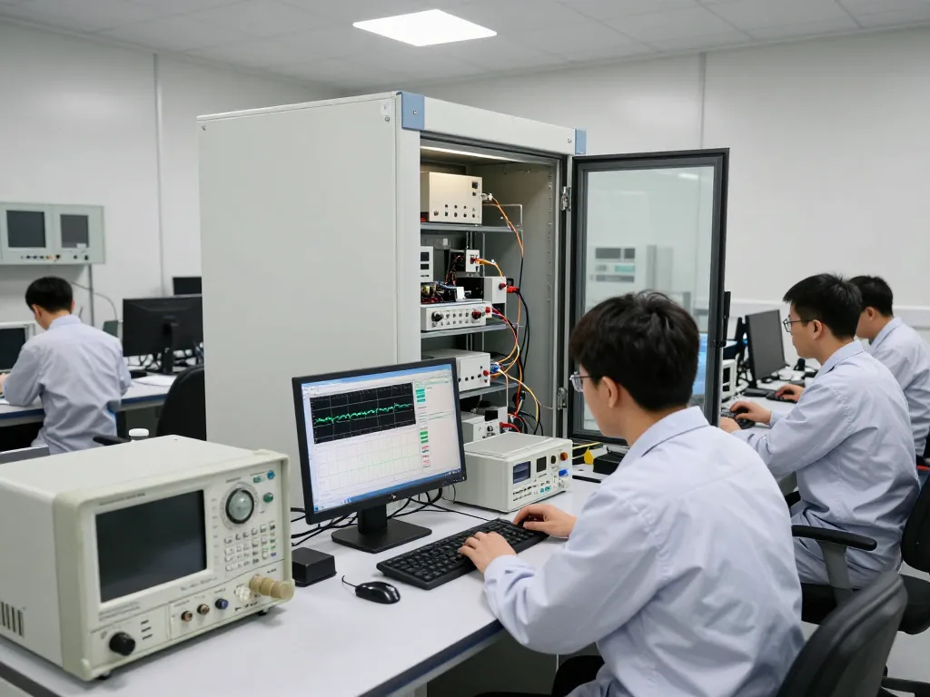 Engineers conducting EMC compliance testing for the Declaration of Conformity in a high-tech laboratory.