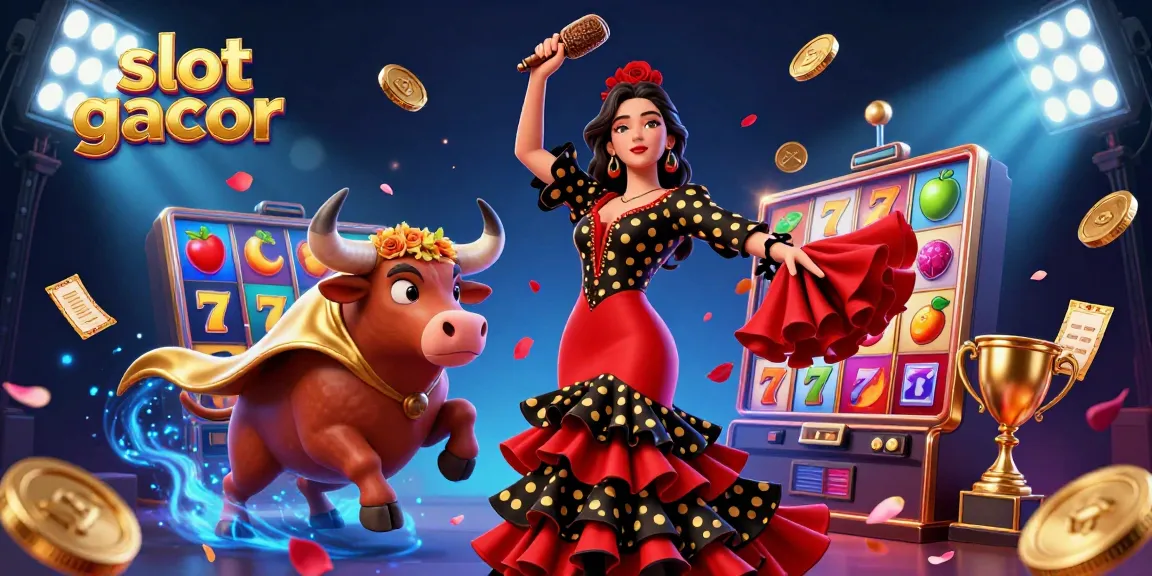 Experience the excitement of slot gacor games with a beautiful flamenco dancer amidst vibrant slot machine symbols and dynamic visuals.