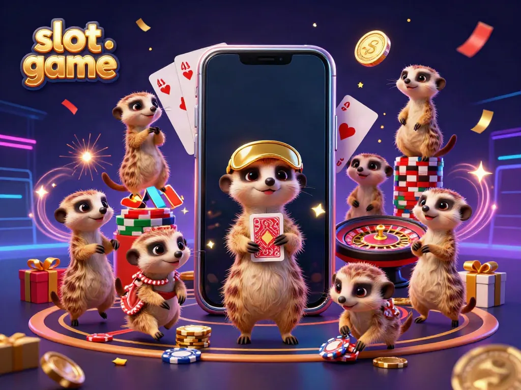 Experience thrilling slot game action with a lively meerkat casino scene featuring vibrant game elements.