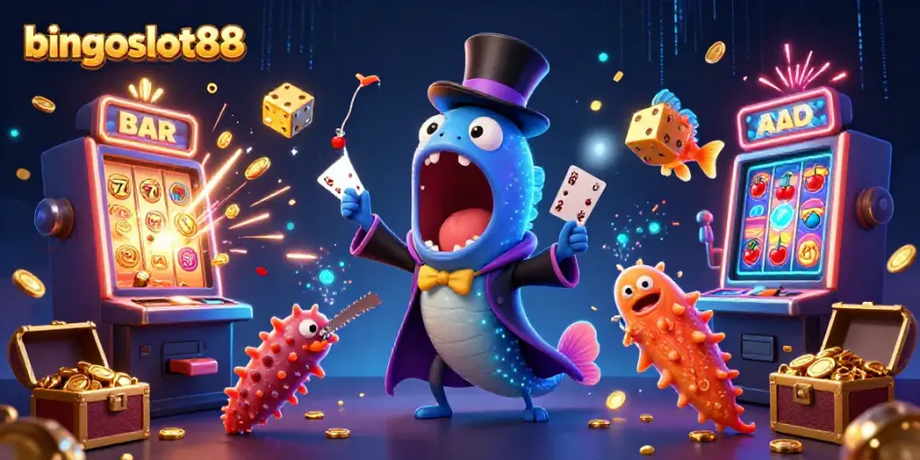 Gameplay menarik dari bingoslot88 dengan ikan gulper dan mesin slot meledak koin.