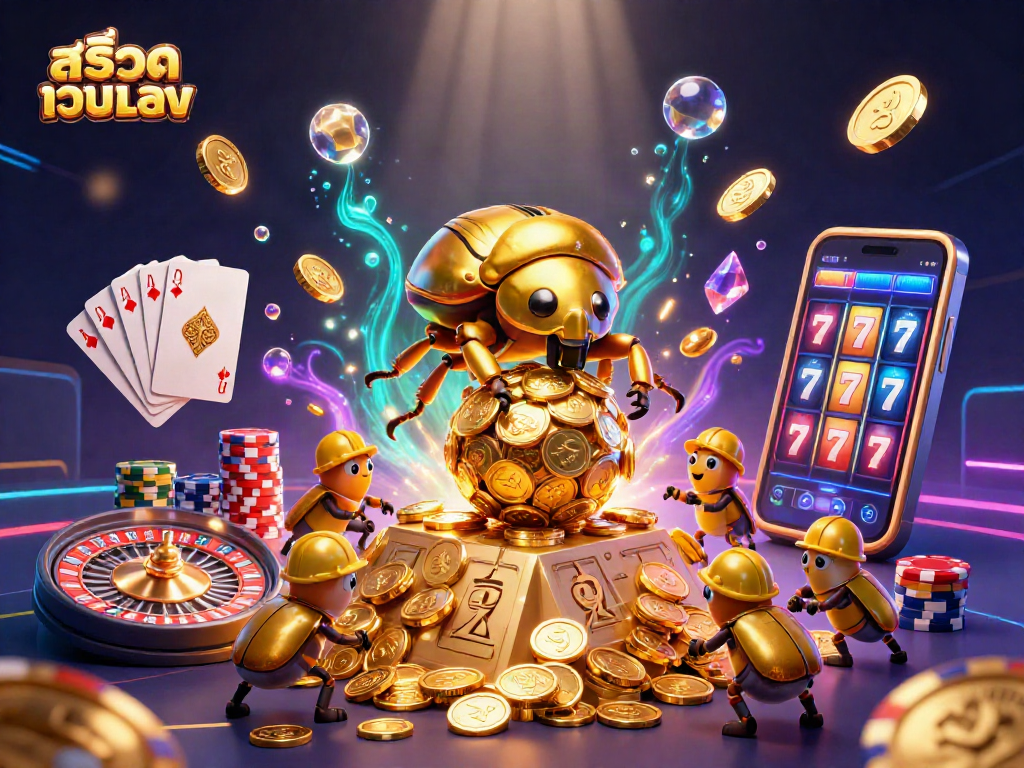 Experience excitement with the สล็อตเว็บตรง as a golden beetle rolls coins upwards surrounded by casino elements.