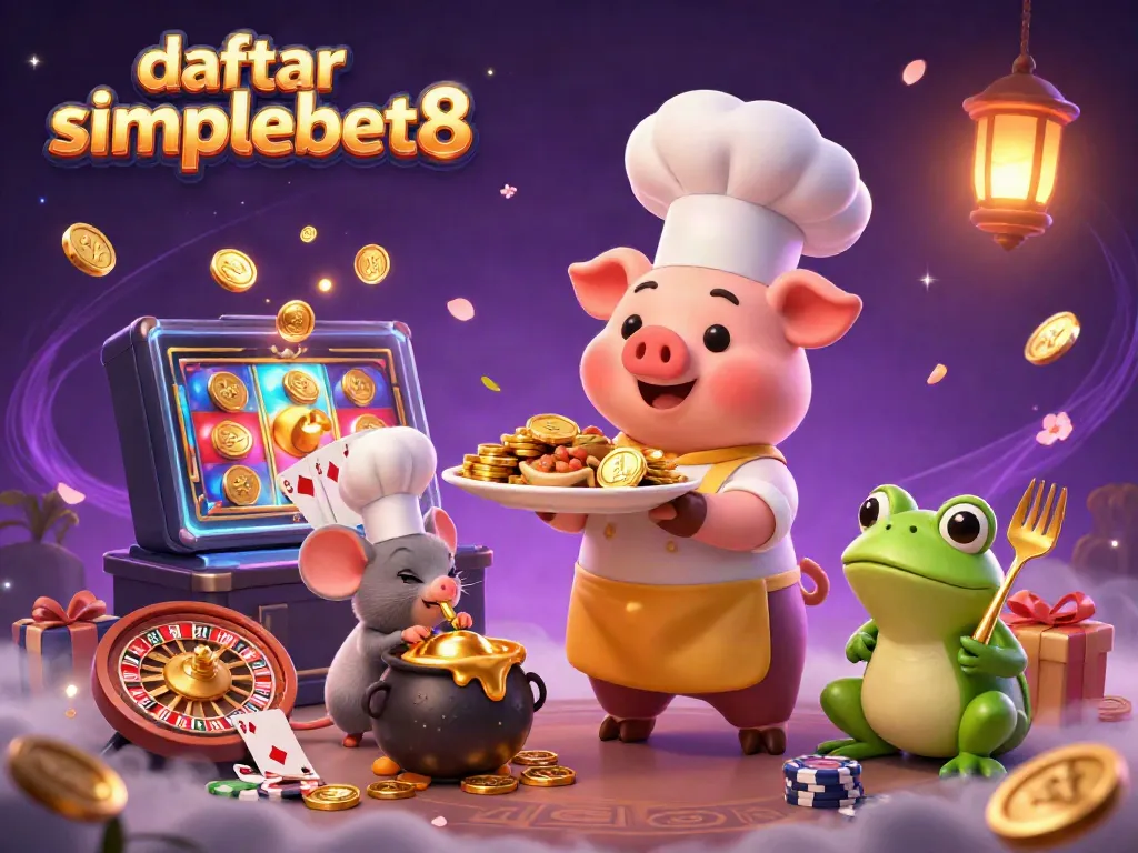 Engage with the vibrant scene depicting the fun of daftar simplebet8, featuring a chef pig serving gold coins in a casino.