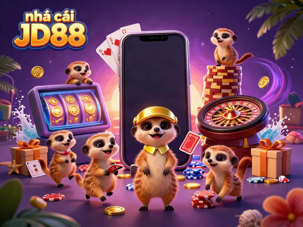 Experience the vibrant energy of nhà cái JD88 in this lively 3D meerkat casino scene.