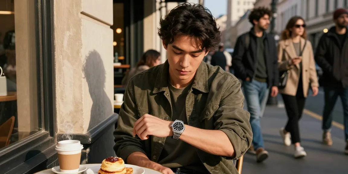 Man checking his replica watch while enjoying coffee in an urban café.