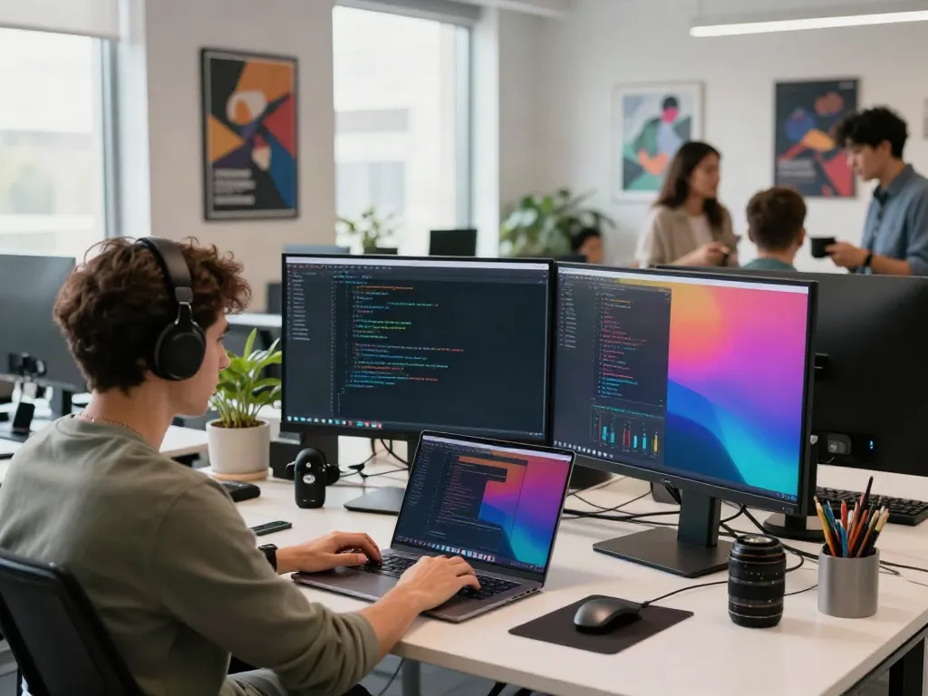 Developer analyzing rokok88 apk SEO performance in a vibrant digital workspace, showcasing modern tech and collaborative atmosphere.