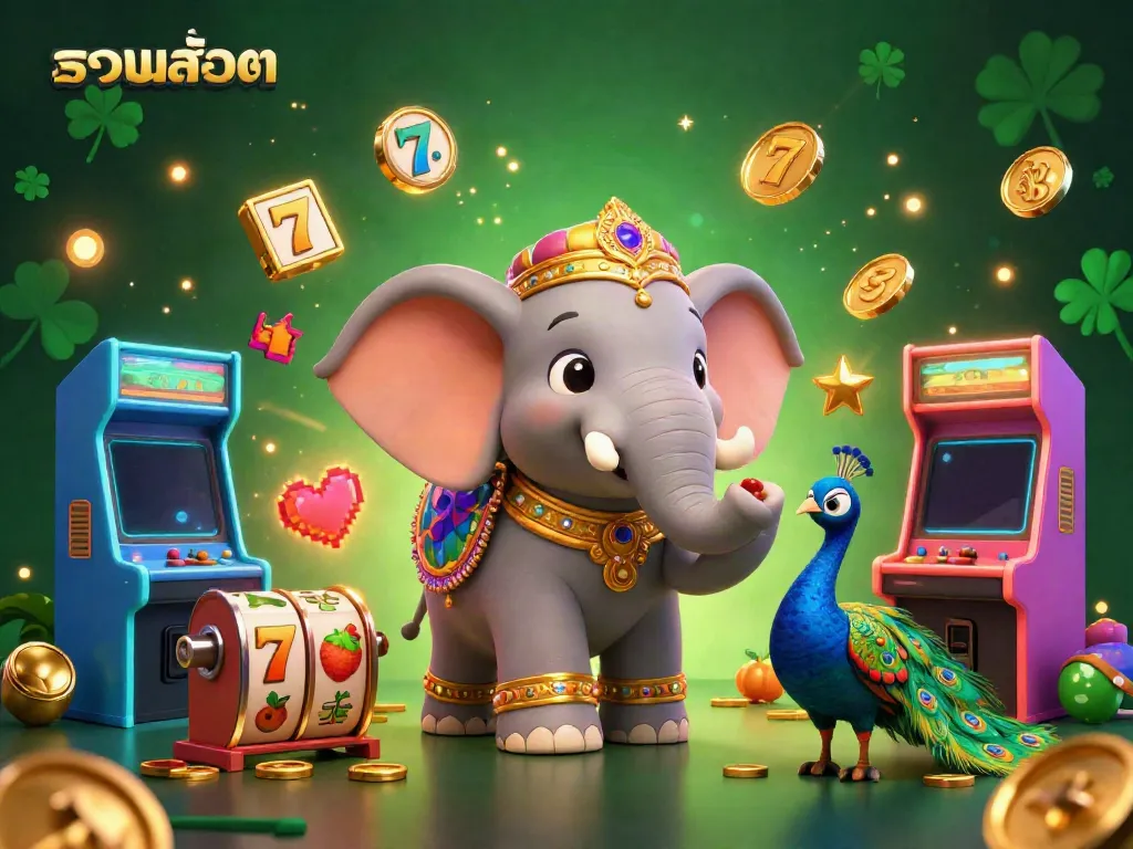 Engage with รวมสล็อต through a vibrant 3D illustration of a decorated elephant and peacock set in an animated casino scene featuring slot elements.