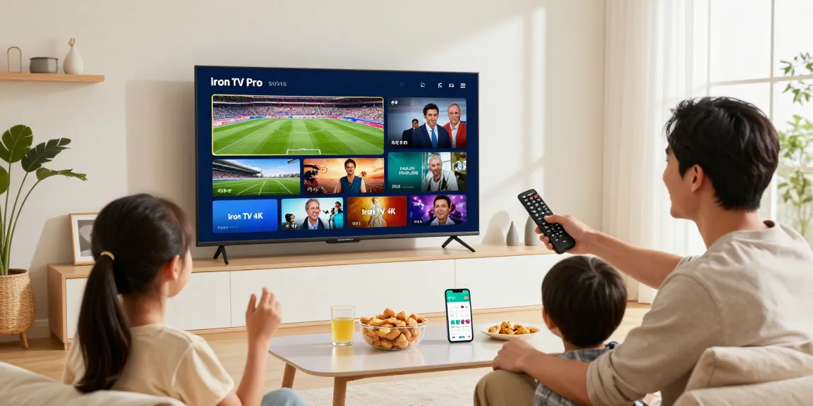 Family enjoying entertainment with Iron TV Pro subscription in a cozy living room, showcasing HD and 4K content.
