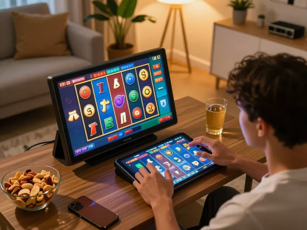 Engaging in Slot Gacor Dewagg gaming session, colorful reels displayed on tablet in cozy setting.