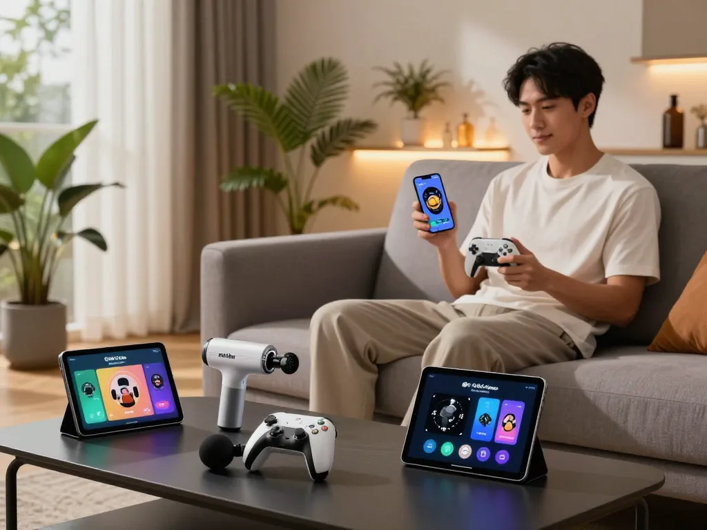 Showcasing must have tech gadgets in a modern living room with a user enjoying gaming and wellness.