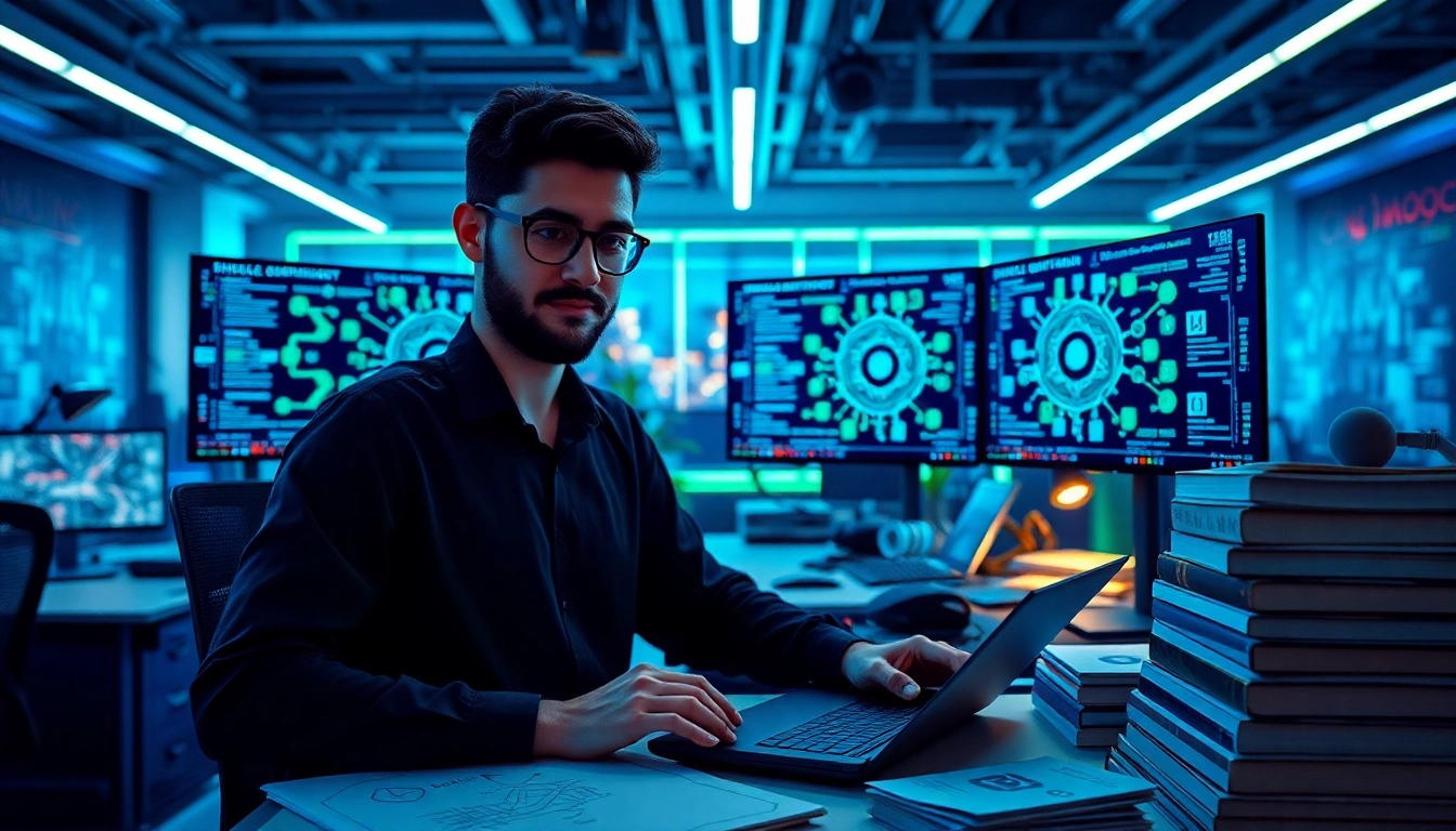 Showcase of EORMC in a high-tech blockchain development workspace featuring a developer and multiple monitors.