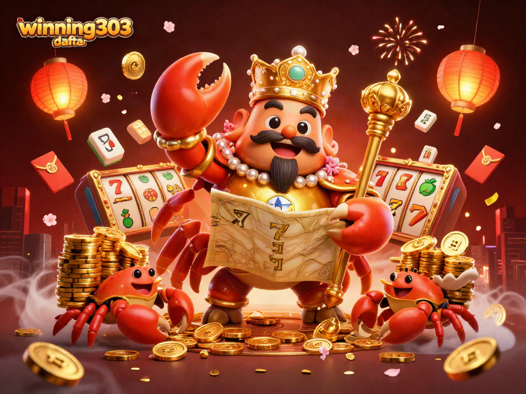Experience winning303 daftar through a vibrant 3D casino adventure featuring a golden crab emperor and slot reels.
