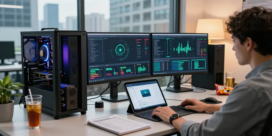 Mining crypto online in a modern office setup with multiple screens showing blockchain analytics, digital wallet app, and mining hardware.