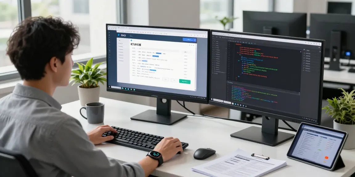 Developer focusing on 纸飞机中文版 interface in a modern workspace with dual monitors.
