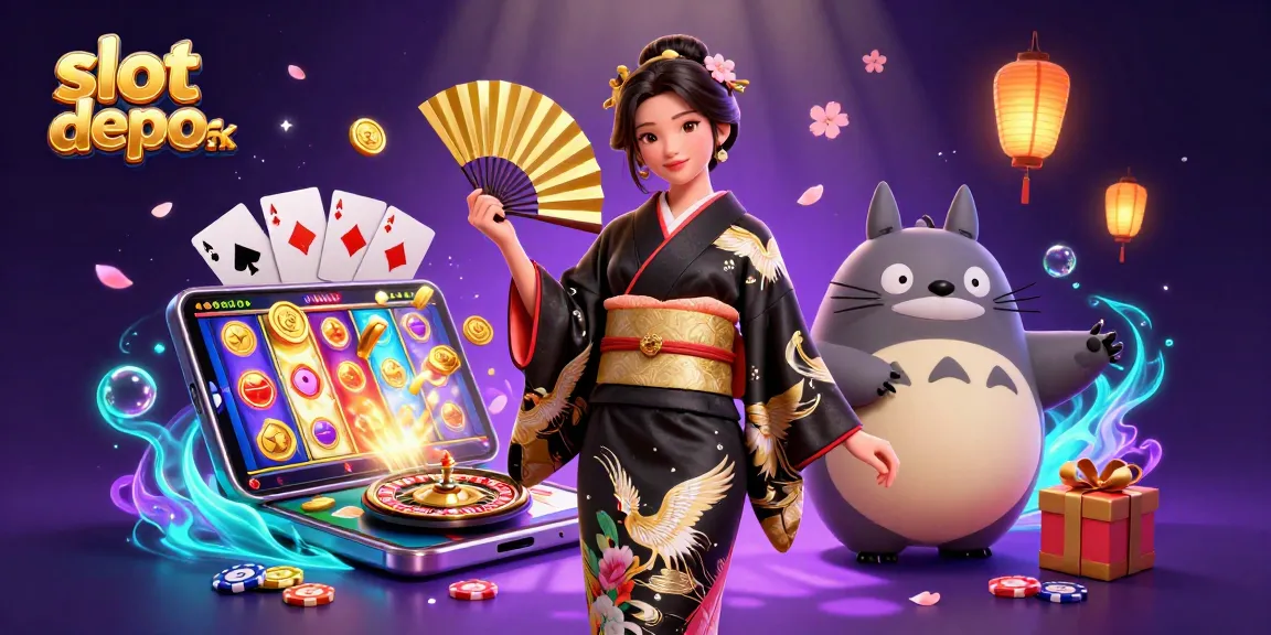 Spin reels and win at slot depo 5k with colorful online casino elements in vibrant 3D illustration.
