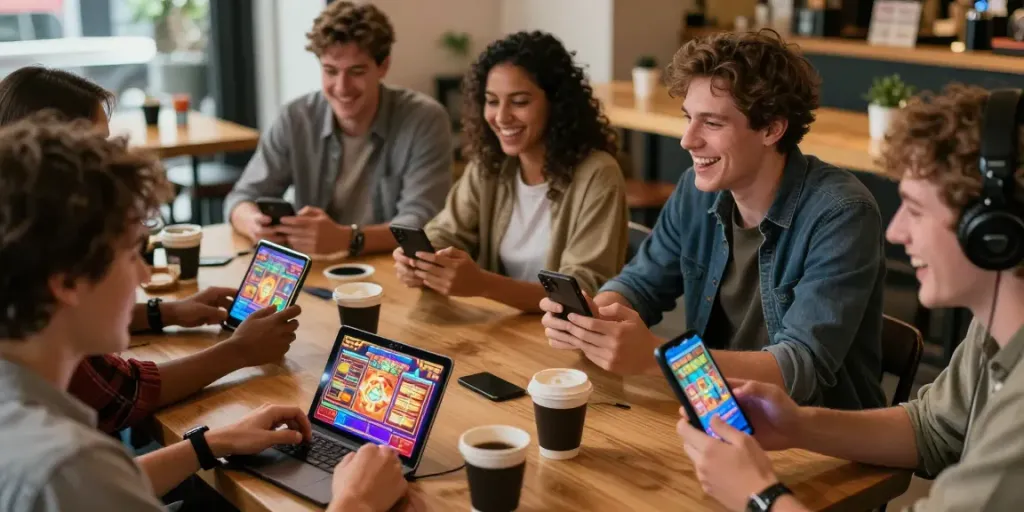 Players enjoying luxury12 slot games with vibrant screens and coffee cups.