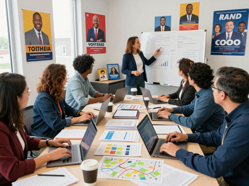 Engaging team analyzing voter data for reverse SEO services in a modern office setting