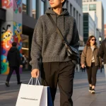 Fashionable shopping experience highlighting revelcollective.myshopify.com with trendy outfit in urban setting.