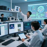 Image to prompt ai in a high-tech lab, showcasing AI prompt generation with diverse team collaboration.
