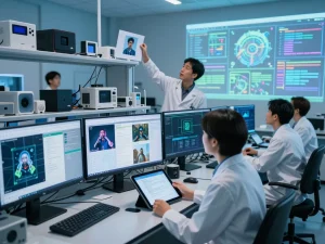 Image to prompt ai in a high-tech lab, showcasing AI prompt generation with diverse team collaboration.