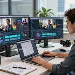 Content creator using video to promptgenerator in a modern workspace with multiple screens showing AI analytics and prompts.