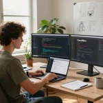 Developer using Clawdbot on dual monitors in a vibrant home office environment.