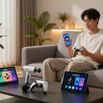 Showcasing must have tech gadgets in a modern living room with a user enjoying gaming and wellness.