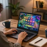 Engaging session of kerajaanslot online gaming with player enjoying colorful reels at a modern desk.