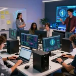 Group collaborating in online crypto mining environment with high-performance computers and market data on displays.