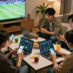 Engaging sports betting night with friends using Luongsontv, analyzing game stats.