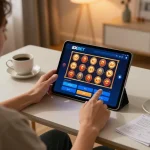 Engaging gameplay at nhà cái 8xbet shows player using tablet for online slots.