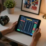 Engaging in online sports betting on trang chủ 98win with real-time odds displayed on a tablet.