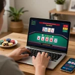 Person enjoying immersive online gameplay on 68gamebaivn, showcasing live dealer blackjack and strategic betting.
