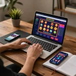 rokok88 user engaging in online casino gameplay on laptop while strategizing with notes