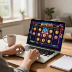 Person engaged with online slots at home using hay88x, showcasing a vibrant gaming setup.