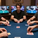 Players engaging in strategic online poker at ALO8, showcasing intense gameplay and cozy atmosphere.