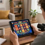 Player engaged with 78wingo casino app on tablet in a cozy living room, ready to win.
